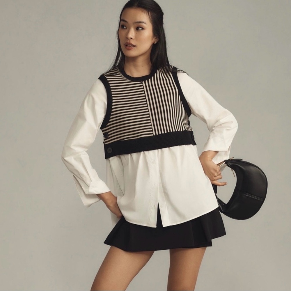 Maeve Black and Cream Striped Knit Vest Layered Over White Shirt
